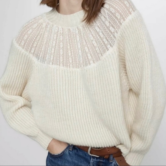 Zara Sweaters - ZARA Lace Yoke Wool Alpaca Blend Knit Sweater Large Grandmacore Cottagecore